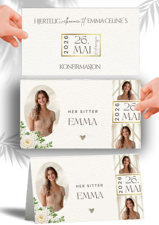 Bordkort til konfirmasjon fra KISS DEKOR – hvit rose-design med gullramme rundt dato og teksten "Hjertelig velkommen til Emma Celine's konfirmasjon", vist flatt