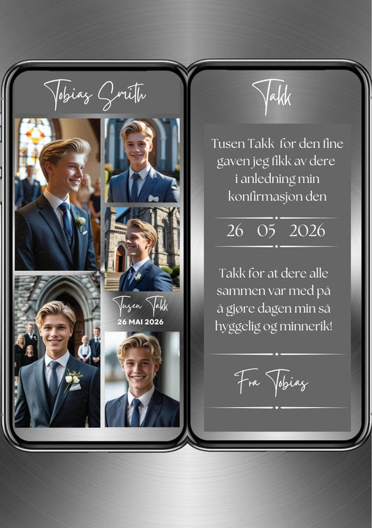 Takkekort konfirmasjon 2 sider grå med bilder - personlig design med ferdig tekstforslag - KISS DEKO