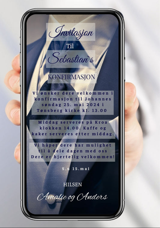 Mobilinvitasjon konfirmasjon dress med slipps marineblå – elegant design 