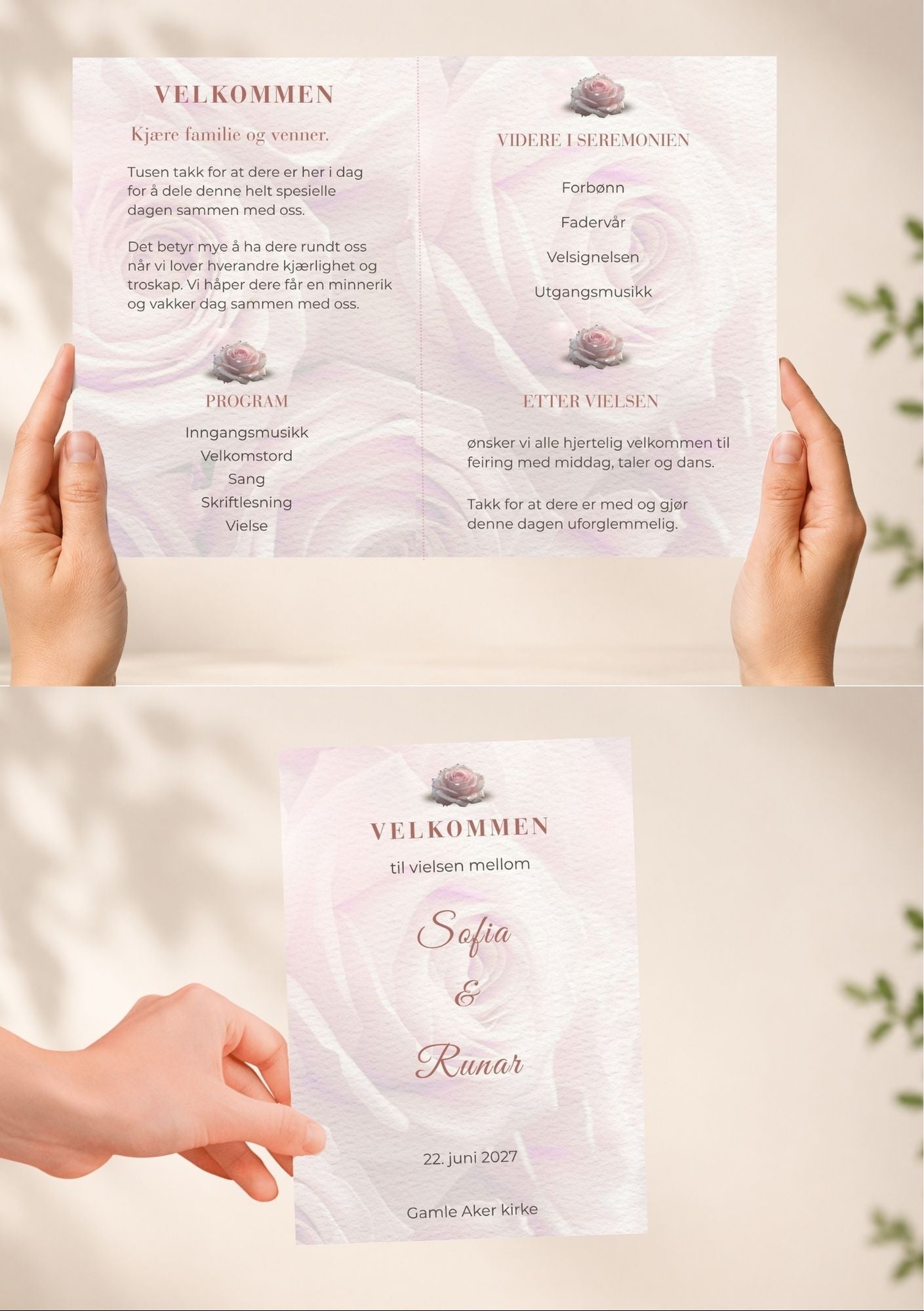 Bryllupsprogram Rose Dream – forsidevisning med hender som holder kortet, rosetapet i lyserosa og dusty rose skrift som bakgrunn