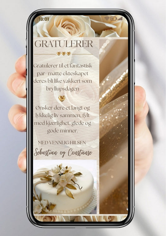 Elegant bryllupsgratulasjon - digital gratulasjonskort med kake og personlig melding til brudepar