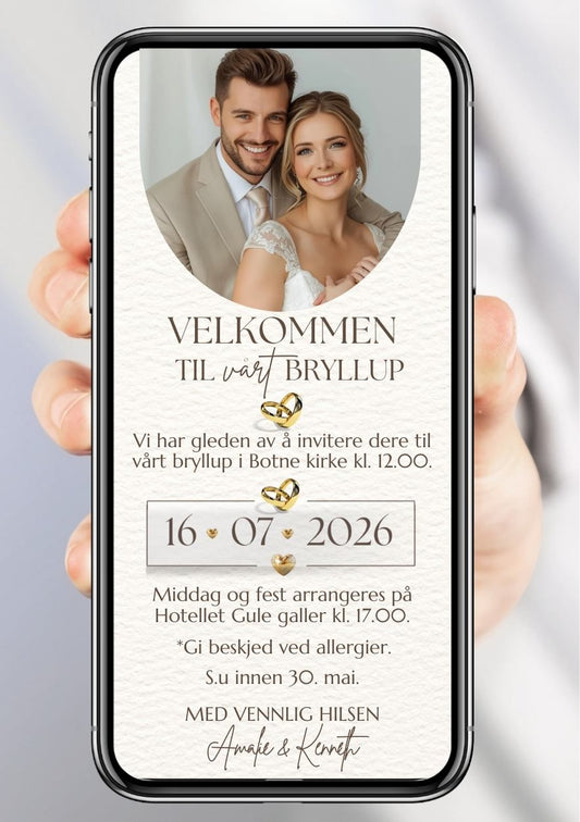 Bryllupsinvitasjon - hvit med tilpasset design og tekst
