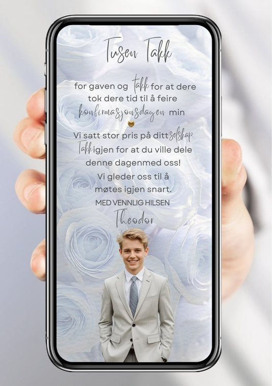 Takkekort konfirmasjon blå elegant - personlig design med ferdig tekstforslag - KISS DEKOR