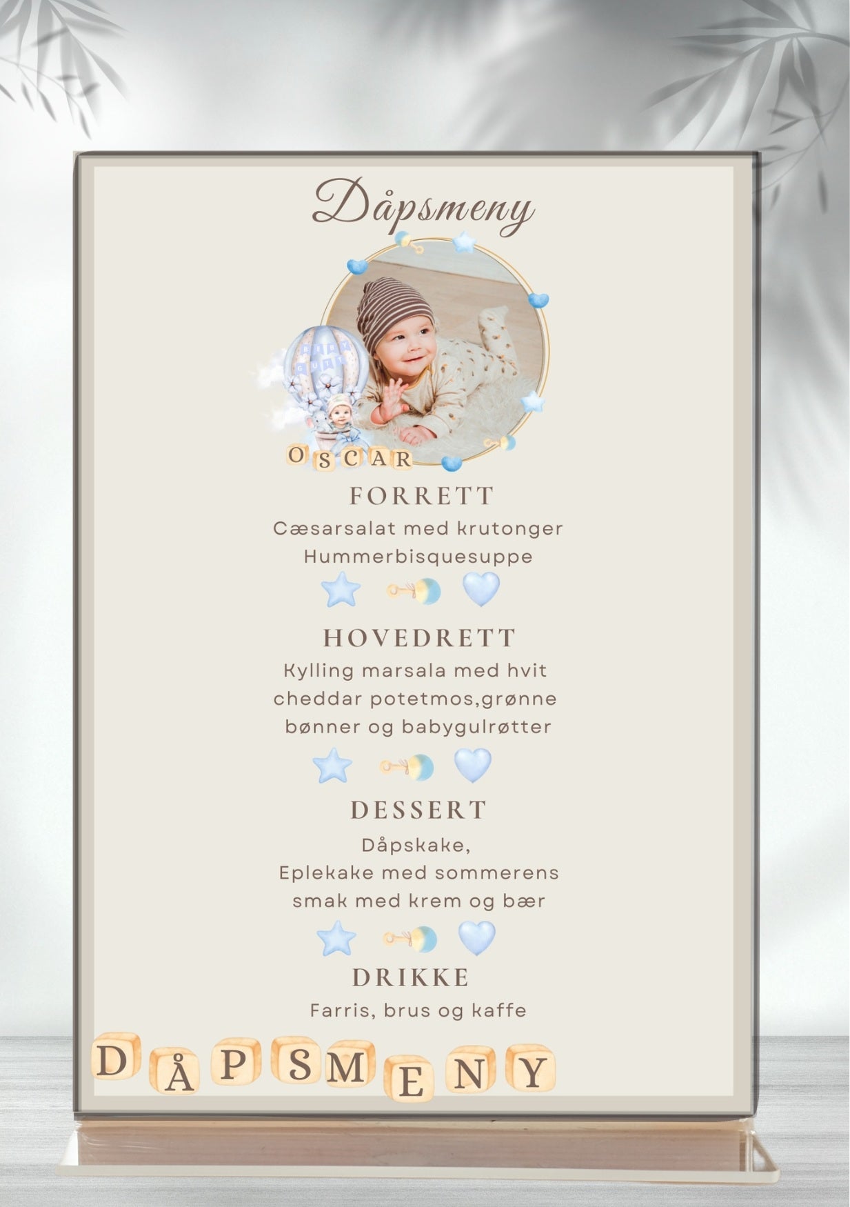 Meny til dåp og navnefest - personlig og elegant design - KISS DEKOR
