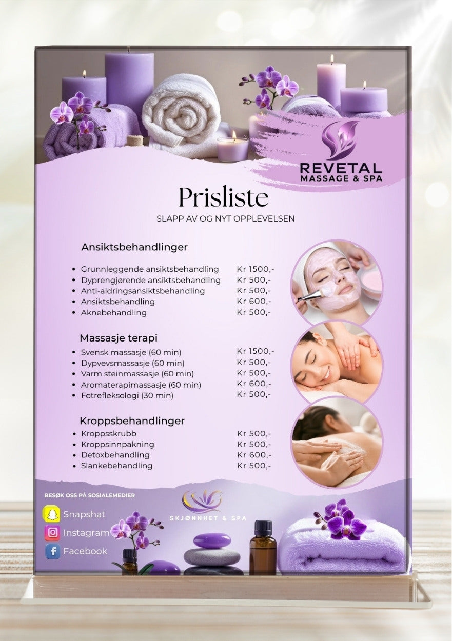 Prisliste massasje – elegant meny for massasjeterapeut