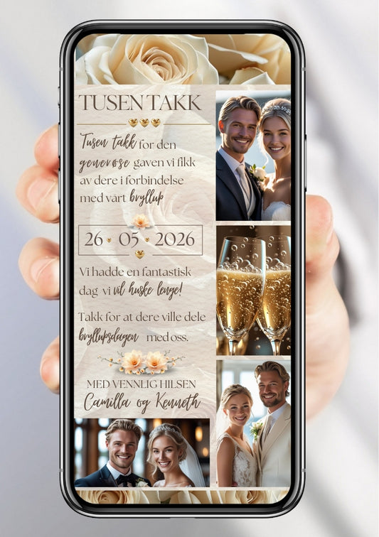 Takkekort bryllup beige med bilder  - personlig design med ferdig tekstforslag - KISS DEKOR