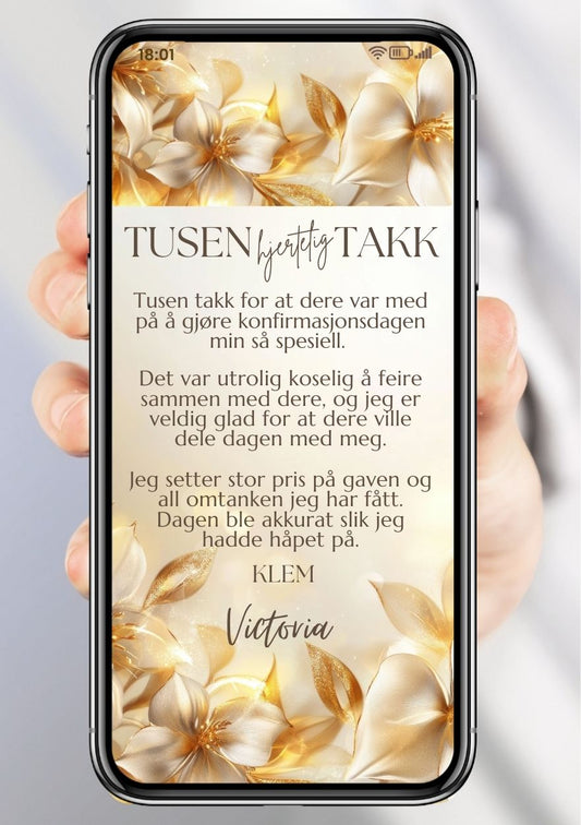 Takkekort konfirmasjon hvit med blomster - med ferdig tekstforslag - KISS DEKOR
