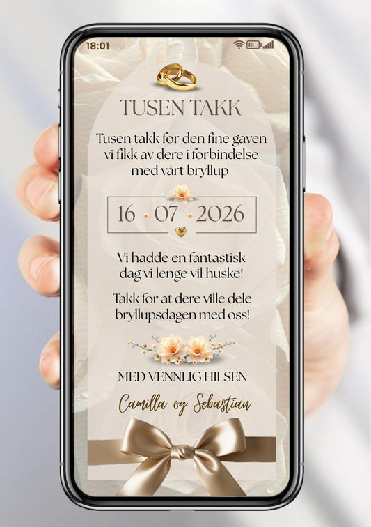 Takkekort bryllup beige minimalistisk - personlig design med ferdig tekstforslag - KISS DEKOR