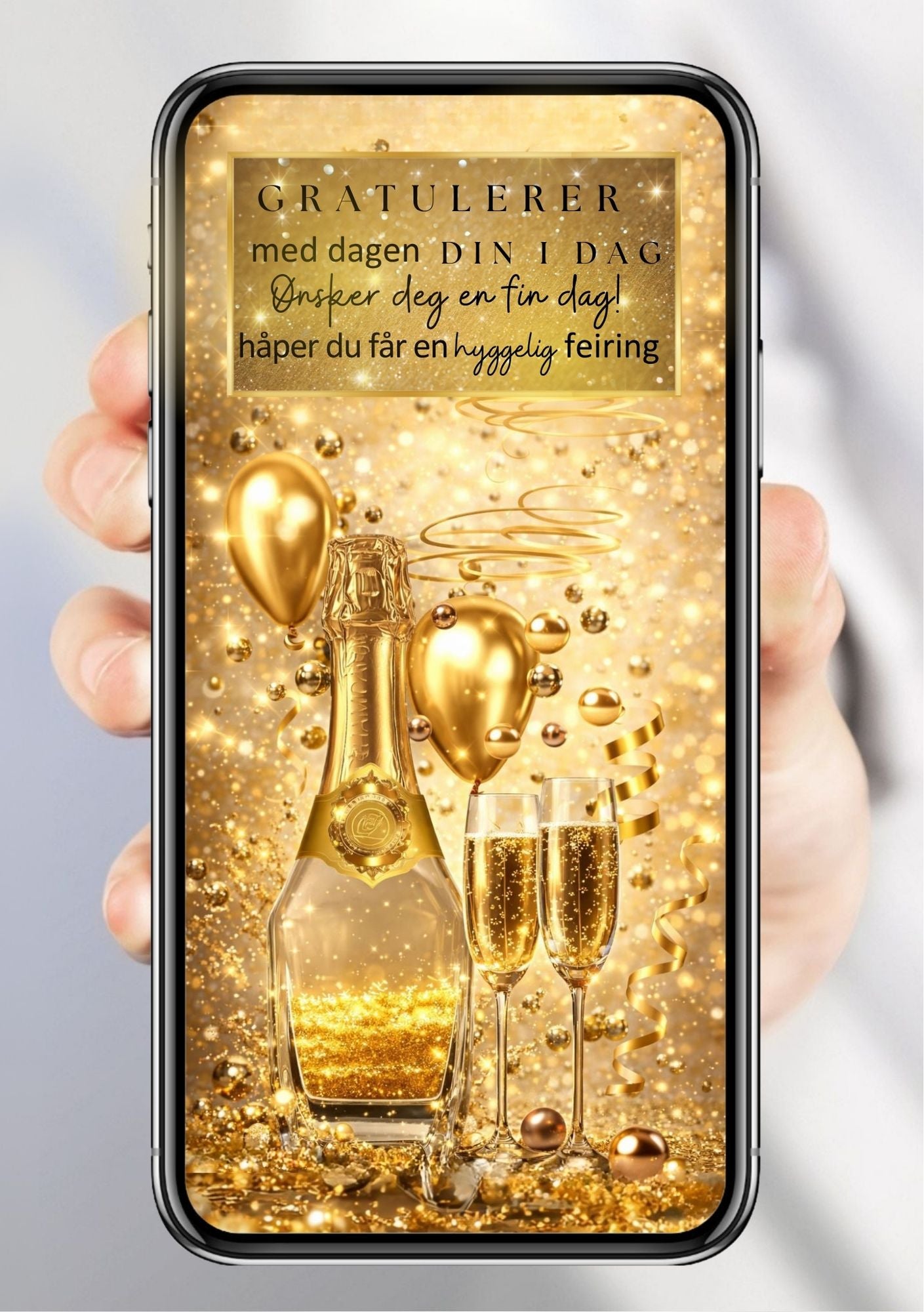 Mobil bursdagskort med champagneflaske, to glass, gullballonger og gyllen glitterbakgrunn – vist på mobilskjerm