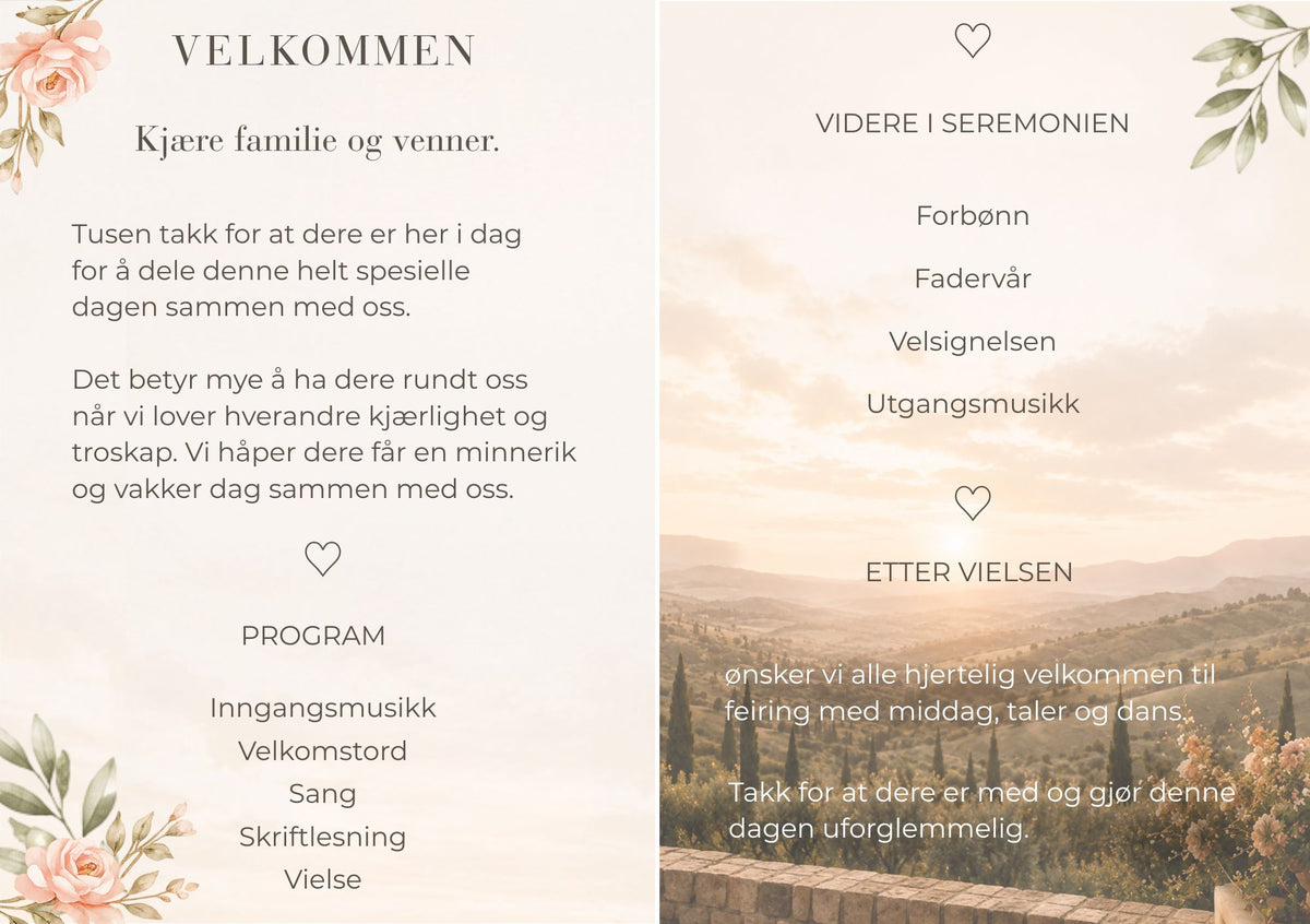 Bryllupsprogram Blush Romance – innside med velkomsttekst, seremoniprogram og informasjon etter vielsen, dekorert med rosa blomster i hjørnene