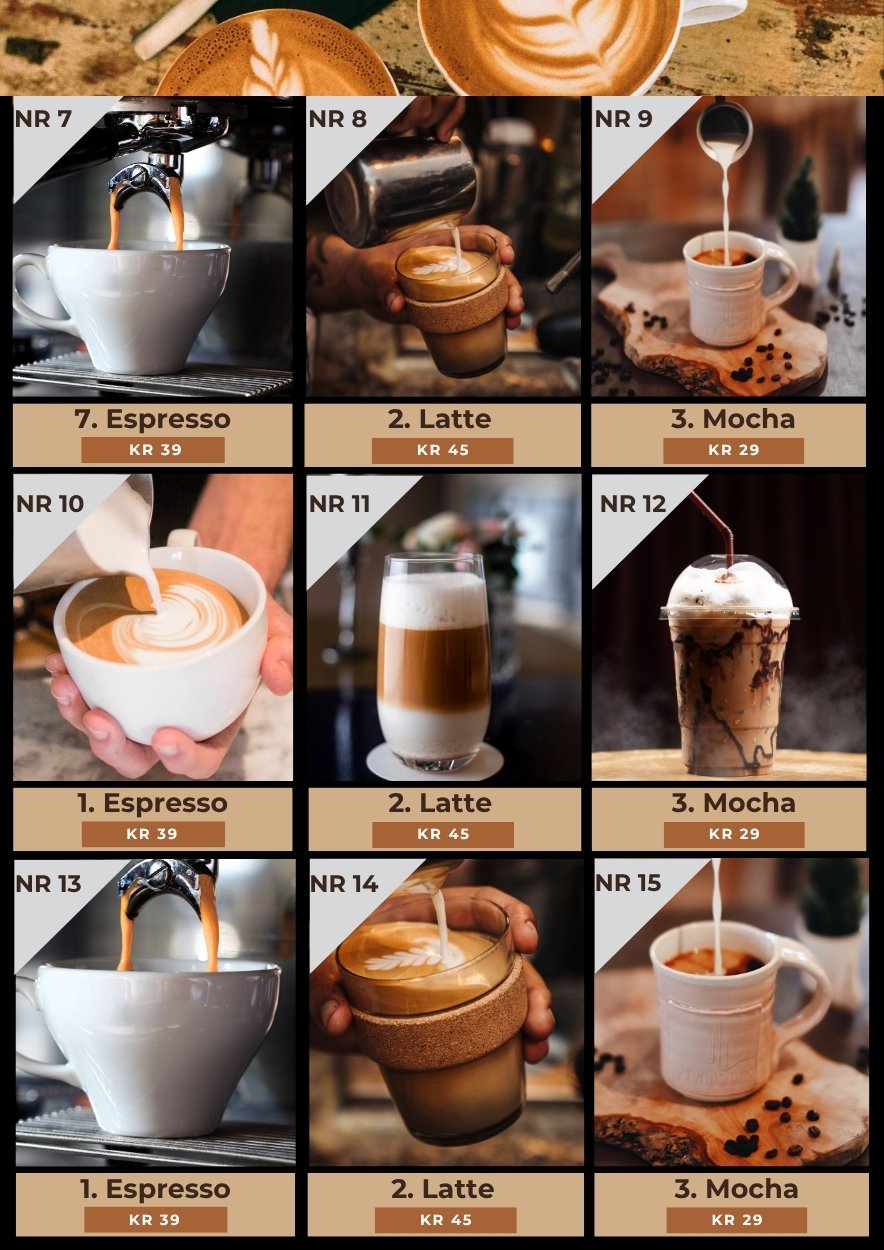 Prisliste kafé 2 sider – profesjonell meny for okse