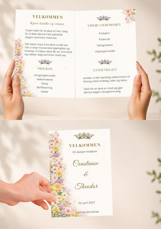 Bryllupsprogram Royal Bloom – forsidevisning med hender som holder kortet, gullkrone og pastell blomsterkolonne på beige bakgrunn