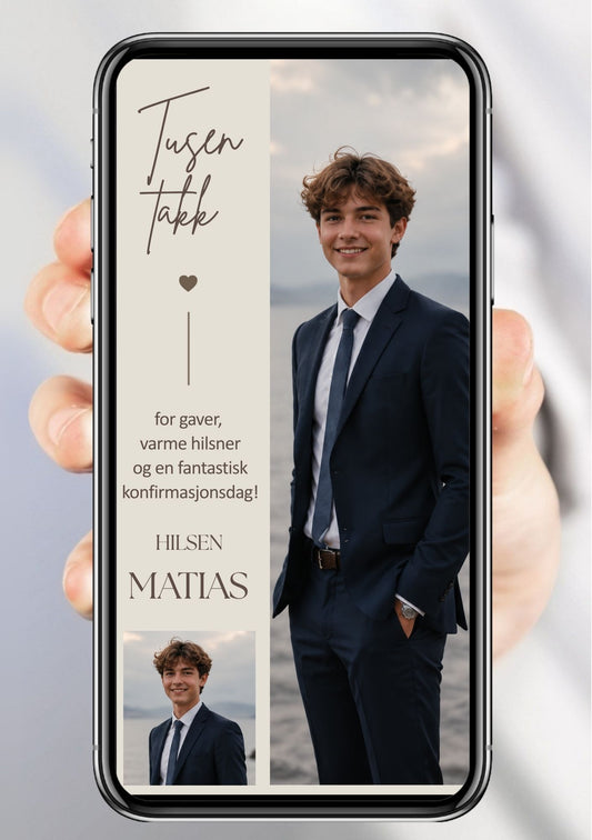 Digitalt takkekort til konfirmasjon i beige med stort bilde, håndskrift-tekst og personlig takketekst, vist på mobilskjerm