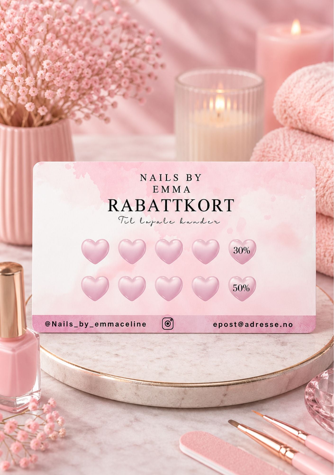 Rabattkort for neglsalong på marmorbrett med rosa blomster og stearinlys – design for Nails by Emma med teksten Rabattkort Til lojale kunder, åtte rosa 3D-hjerter med 30% og 50% rabatt, i lys rosa fargepalett med kontaktinfo 