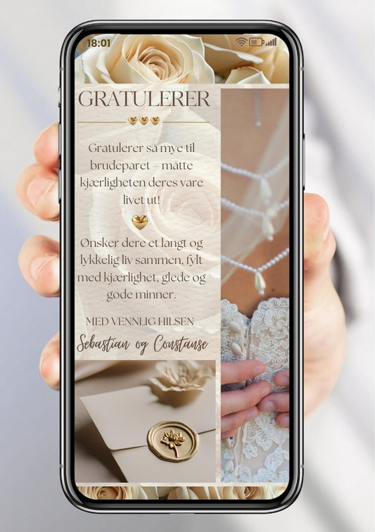 Varm gratulasjon til brudeparet - digital hilsen med bryllupskake, roser og kjærlige ord