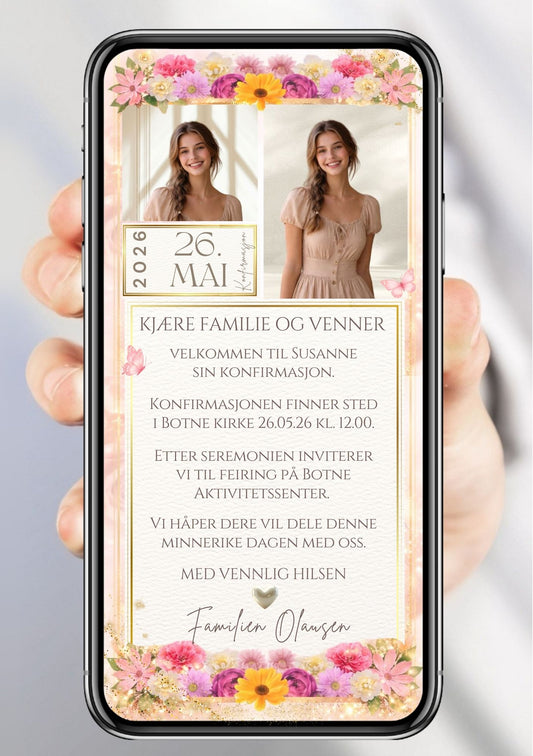 Mobil konfirmasjonsinvitasjon med to bilder av jente i beige kjole, rosa og gule vårblomster og gullramme – vist på mobilskjerm