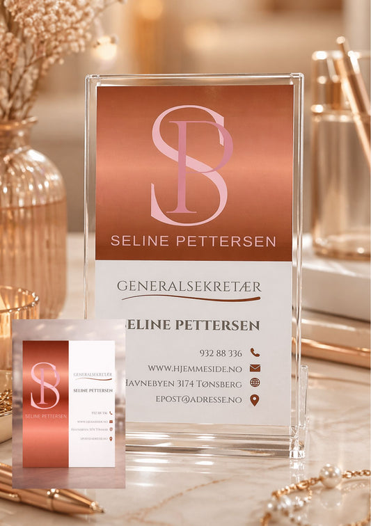 Digitalt visittkort i akrylramme på marmorbord med blomster og smykker – design for Seline Pettersen, generalsekretær, med SB-monogram-logo i kobber og rosa, kontaktinfo med telefon, nettside og adresse i Tønsberg, i kobber og hvit fargepalett