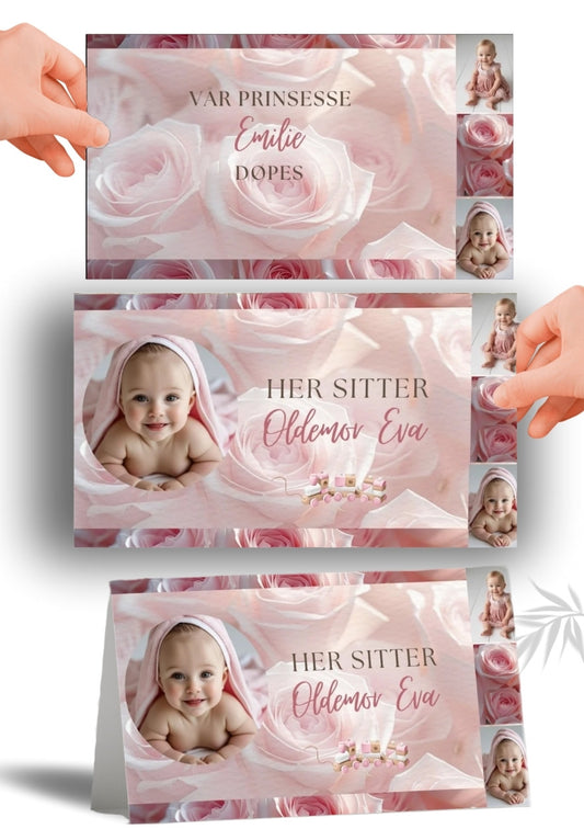 Elegant rosa bordkort til dåp med personlig design – perfekt for dåpsfesten
