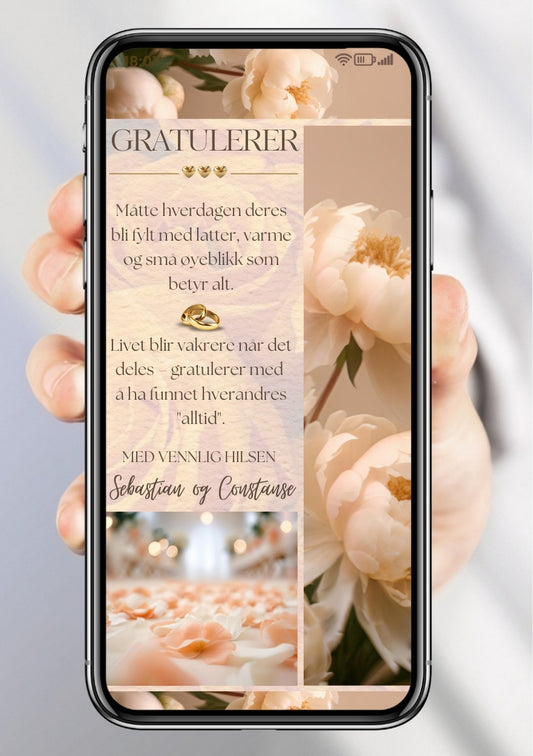 Digitalt gratulasjonskort til brudepar med pioner og varmbeige toner – personlig hilsen vist på mobil fra KISS DEKOR