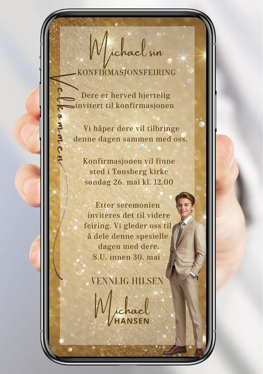Konfirmasjonsinvitasjon golden med bilde - personlig design med ferdig tekstforslag - KISS DEKOR