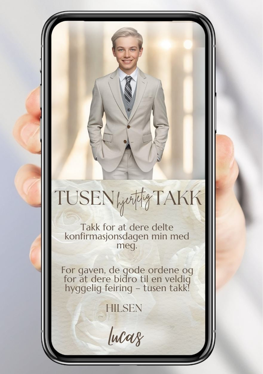 Takkekort konfirmasjon beige moderne - personlig design med ferdig tekstforslag - KISS DEKOR