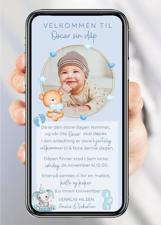 Invitasjon dåp og navnefest blå med bilde - personlig design med ferdig tekstforslag - KISS DEKOR