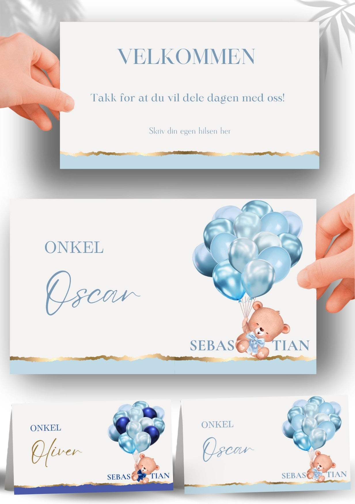 Bordkort til navnefest med blå vakker design – personlig og minneverdig