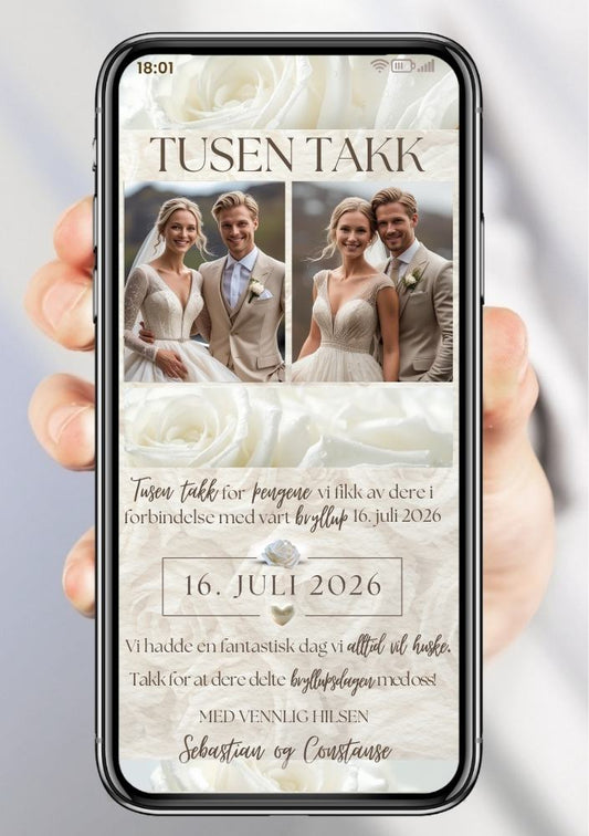 Takkekort bryllup hvit med bilde - personlig design med ferdig tekstforslag - KISS DEKOR