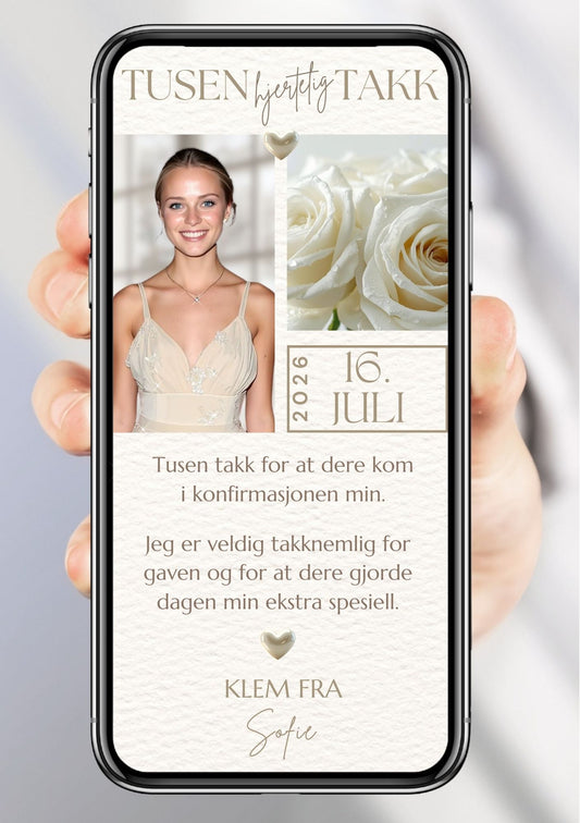 Takkekort konfirmasjon hvit elegant - personlig design med ferdig tekstforslag - KISS DEKOR