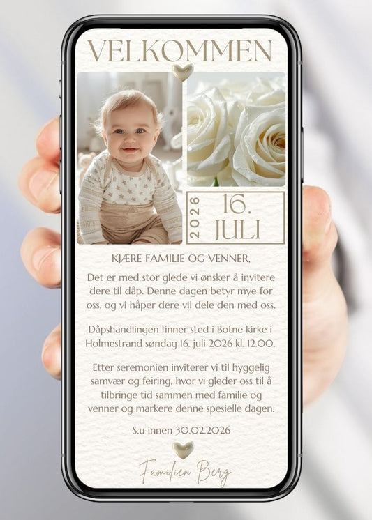 Dåpsinvitasjon hvit  med rose  - personlig design med ferdig tekstforslag - KISS DEKOR