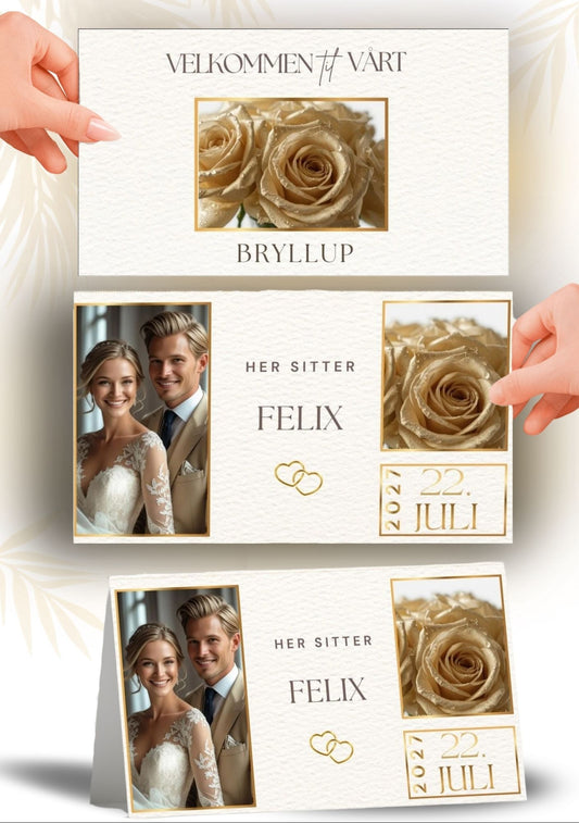 Tre varianter av bordkort til bryllup i hvitt og gull – programkort med rosebilde, liggende bordkort og brettet bordkort. Tekst: Her sitter Felix, 22. juli 2027.