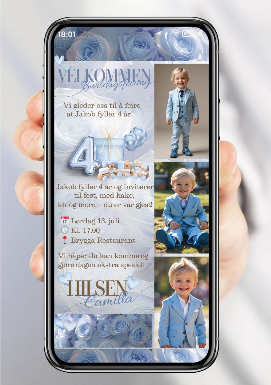 Blå bursdagsinvitasjon med bilde – personlig design for barn
