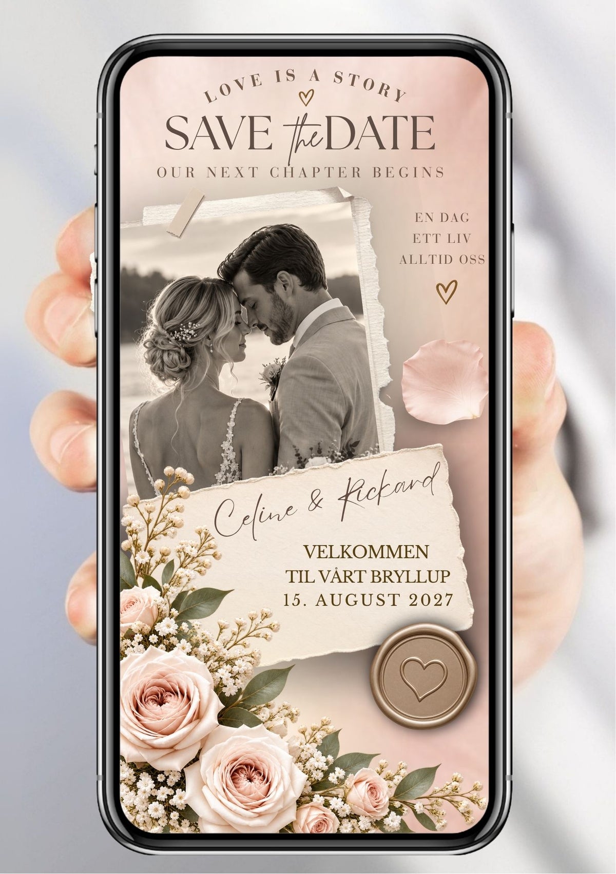 Save the Date med svart-hvitt brudefoto i revet papir-ramme, rosa roser og gypsophila nederst, vokssegl med hjerte og teksten "Love is a Story"