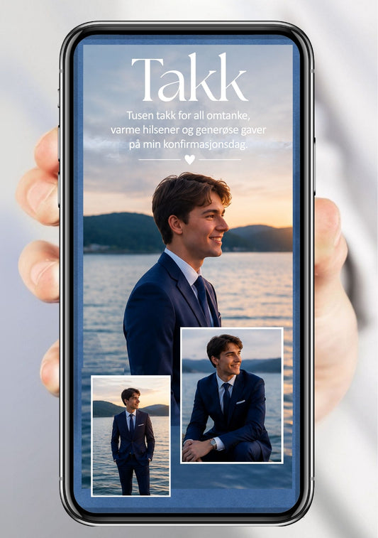 Digitalt takkekort til konfirmasjon i blå med stort personlig bilde, fotocollage og takketekst, vist på mobilskjerm