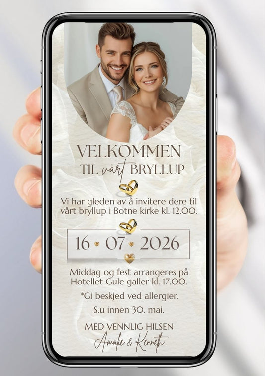 Bryllupsinvitasjon beige med bilde elegant - personlig design med ferdig tekstforslag - KISS DEKOR