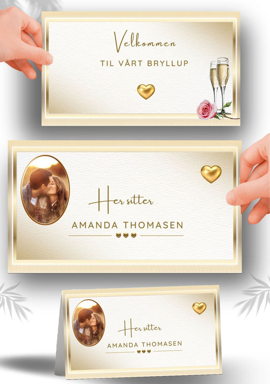 Elegant bordkort til bryllup med personlig design og gulldetaljer