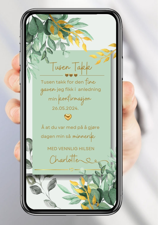 Takkekort konfirmasjon grønn minimalistisk - personlig design med ferdig tekstforslag - KISS DEKOR