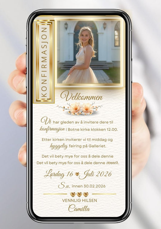 Konfirmasjonsinvitasjon hvit elegant med gulldetaljer - personlig design med ferdig tekstforslag - KISS DEKOR