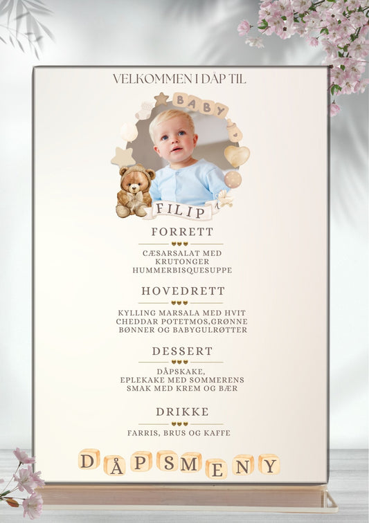 Meny til dåp og navnefest - personlig og elegant design - KISS DEKOR