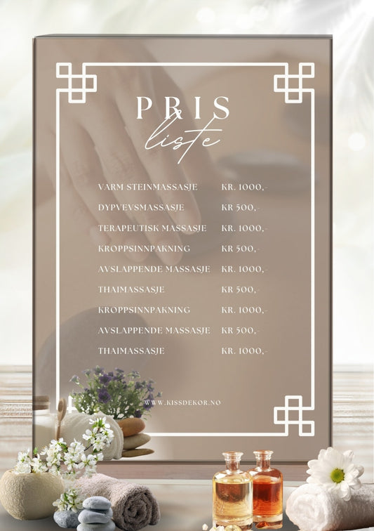 Prisliste massasje – elegant meny for massasjeterapeut