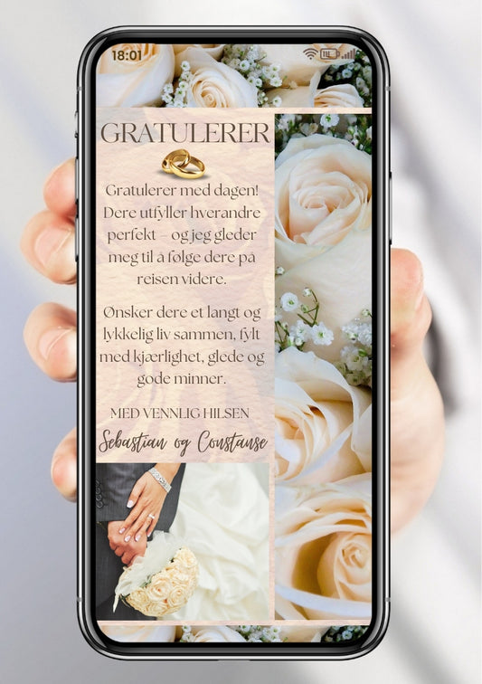 Digitalt gratulasjonskort til brudepar med kremhvite roser og gullringer – personlig hilsen vist på mobil fra KISS DEKOR