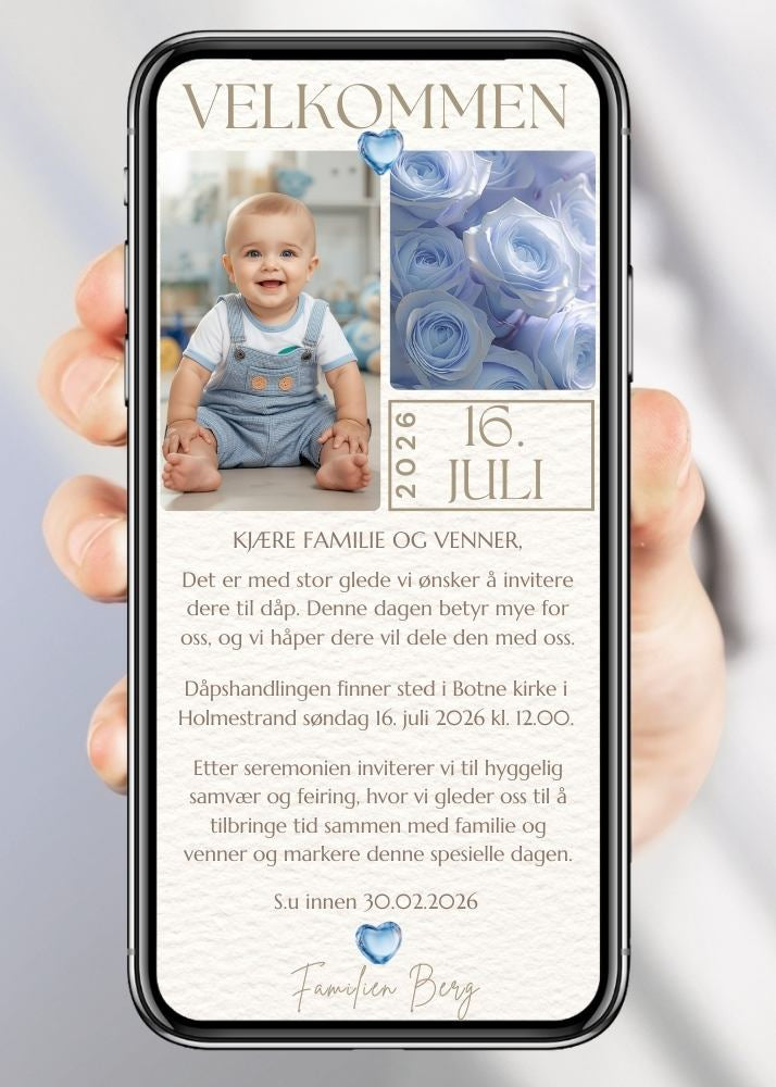 Dåpsinvitasjon blå med broser - personlig design med bilde ferdig tekstforslag - KISS DEKOR