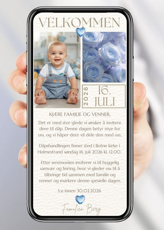 Dåpsinvitasjon blå med broser - personlig design med bilde ferdig tekstforslag - KISS DEKOR
