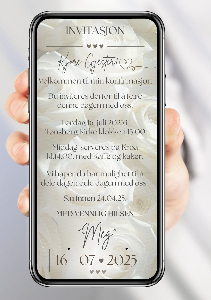 Konfirmasjonsinvitasjon klassisk - personlig design med ferdig tekstforslag - KISS DEKO