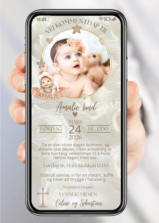 Dåpsinvitasjon og navnefest beige med bilde - personlig design med ferdig tekstforslag - KISS DEKOR