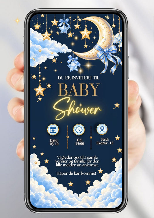 Digital babyshower-invitasjon på mørk midnattsblå himmel med gyllen halvmåne, hengende gullstjerner og blå krystallstjerner, blå silkesløyfe på månen, hvite skyer nederst, "Du er invitert til Baby Shower" i neon-gull og festdetaljer