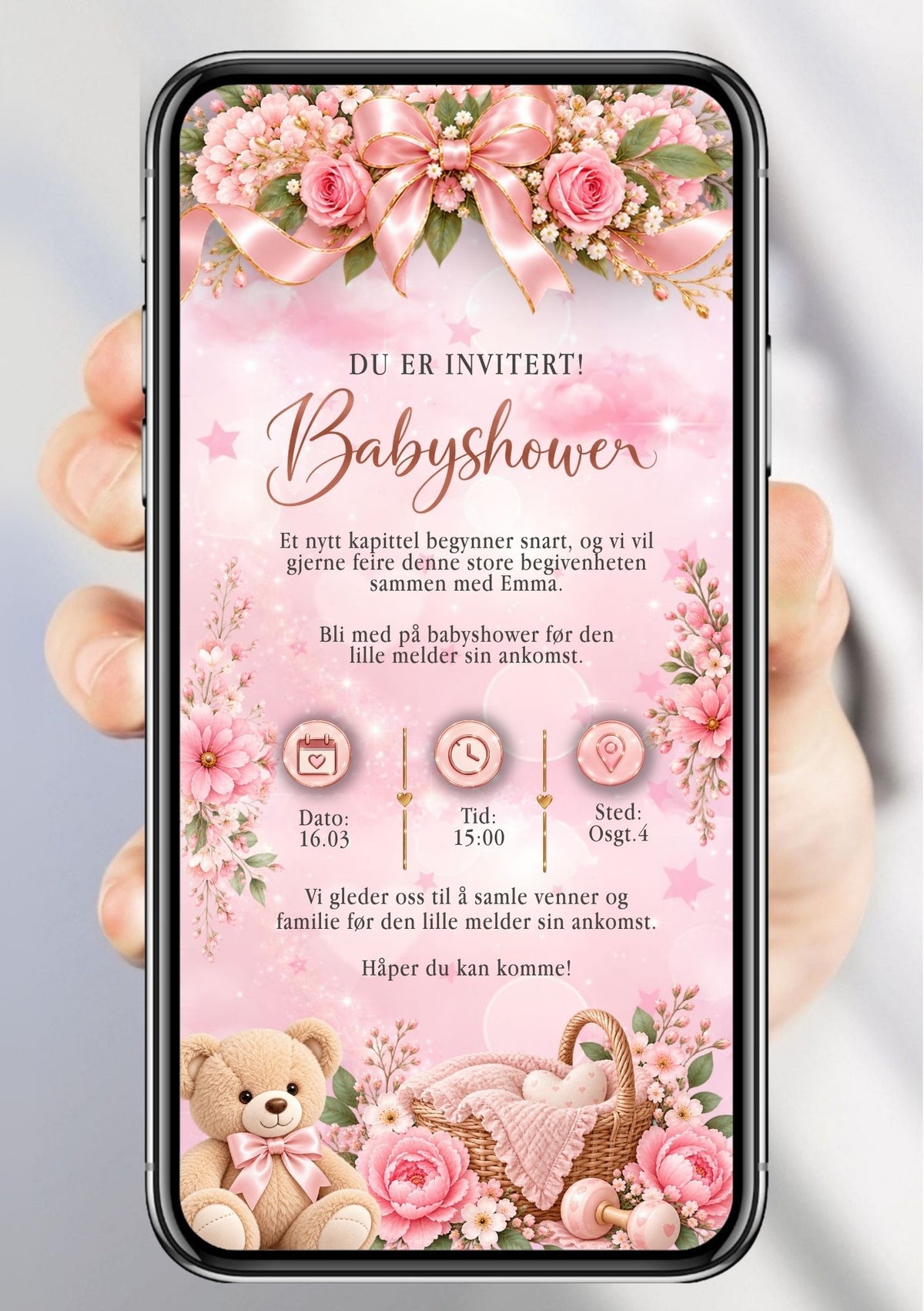 Digital babyshower-invitasjon på rosa/lyserød glitter-bakgrunn med stor silkesløyfe og roser øverst, rosa stjerner, teddybjørn med sløyfe, flettekurv med babyteppe og rangle nederst, "Du er invitert! Babyshower" i elegant håndskrift og festdetaljer
