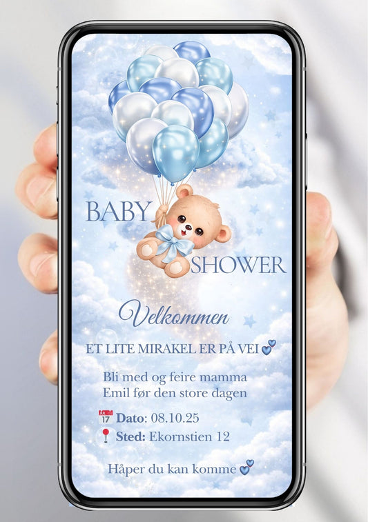 Mobil babyshower-invitasjon med teddybjørn som holder blå og hvite ballonger blant skyer – vist på mobilskjerm