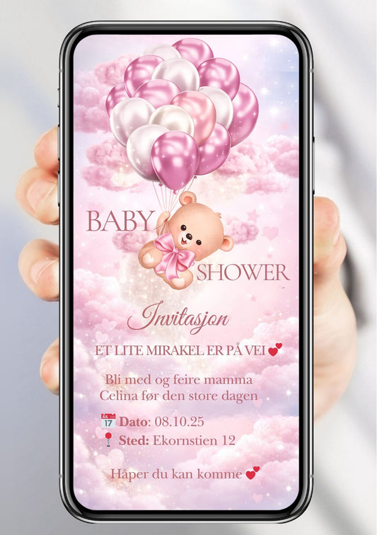 Mobil babyshower-invitasjon med teddybjørn som holder rosa og hvite ballonger blant lyserosa skyer – vist på mobilskjerm