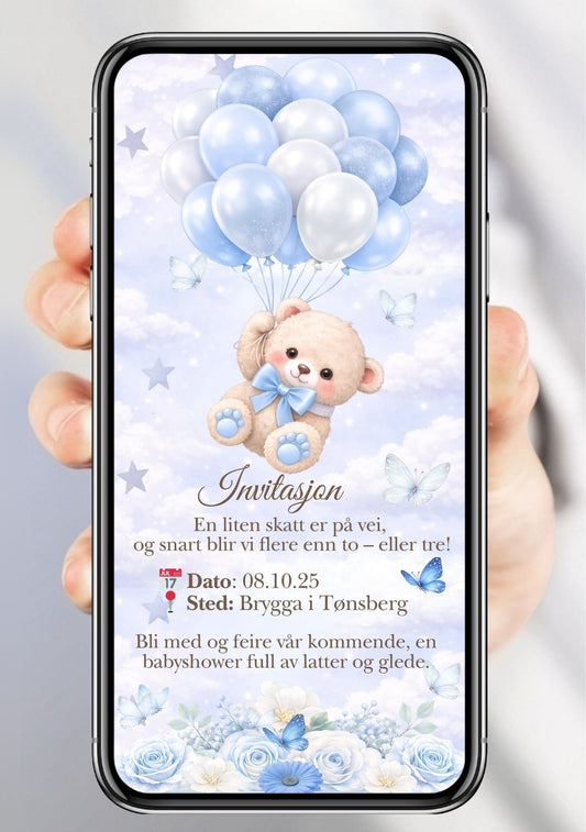 Babyshower-invitasjon vist på mobil med bamse, blå og hvite ballonger, sommerfugler og blå og hvite blomster på lys bakgrunn.